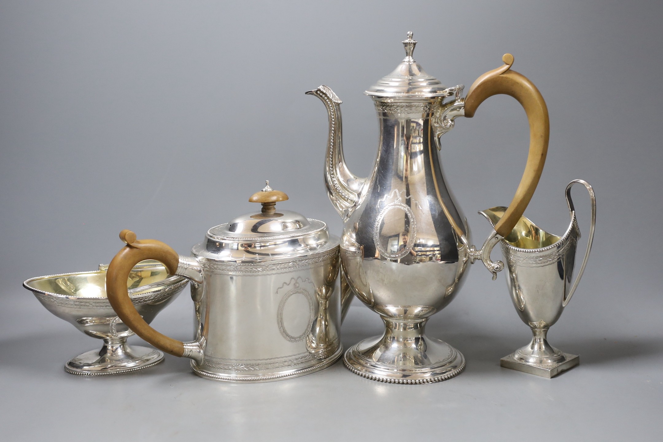 A modern George III style silver four piece tea and coffee service by C.J. Vander Ltd, London, 1969, gross weight 60 oz.